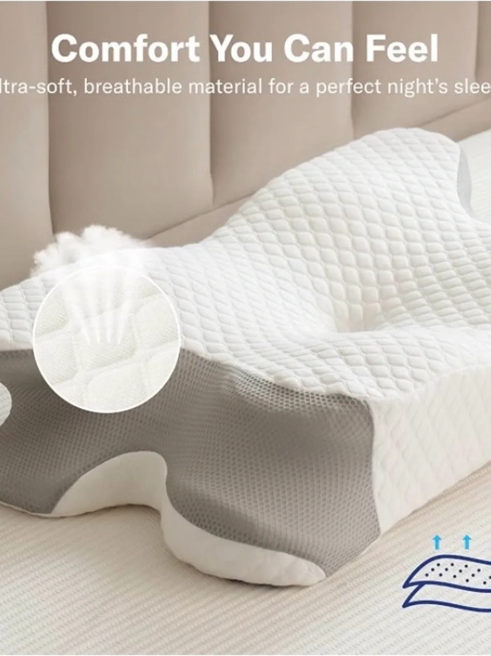 Alcedo Cervical Pillow for Cozy Sleep and Neck Pain Relief, White, Gray, SEALED